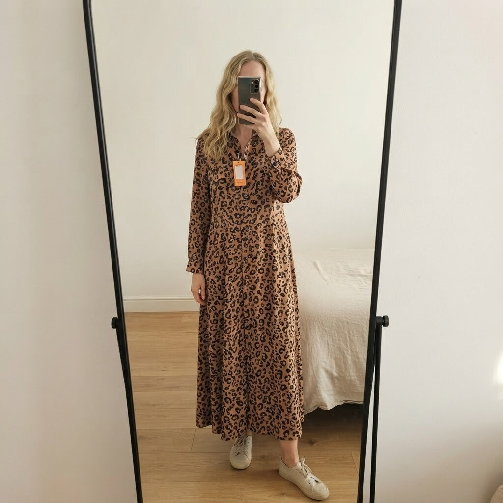Girl In Mind animal print shirt dress, BNWT, 3/4 length sleeve, button front