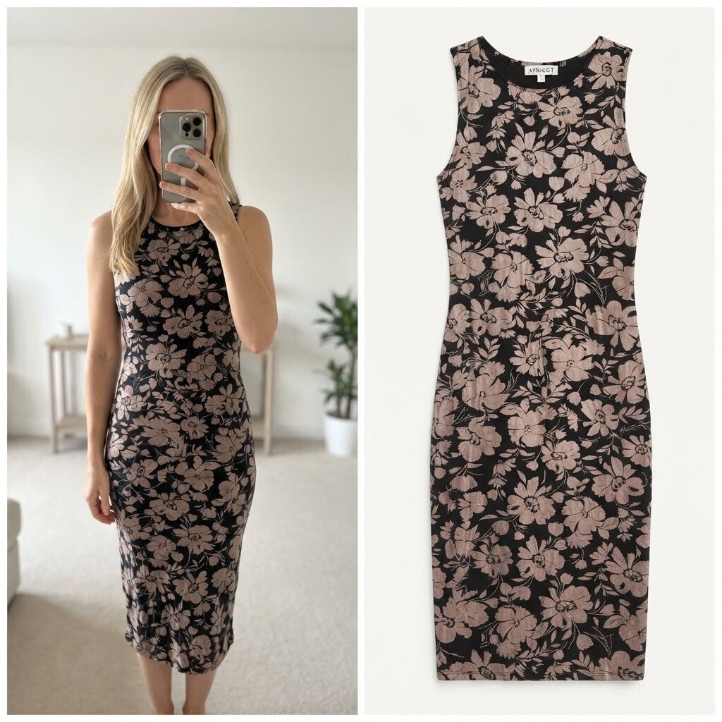 Apricot Black and Beige Floral Sleeveless Midi Dress UK14, jersey, soft, bodycon