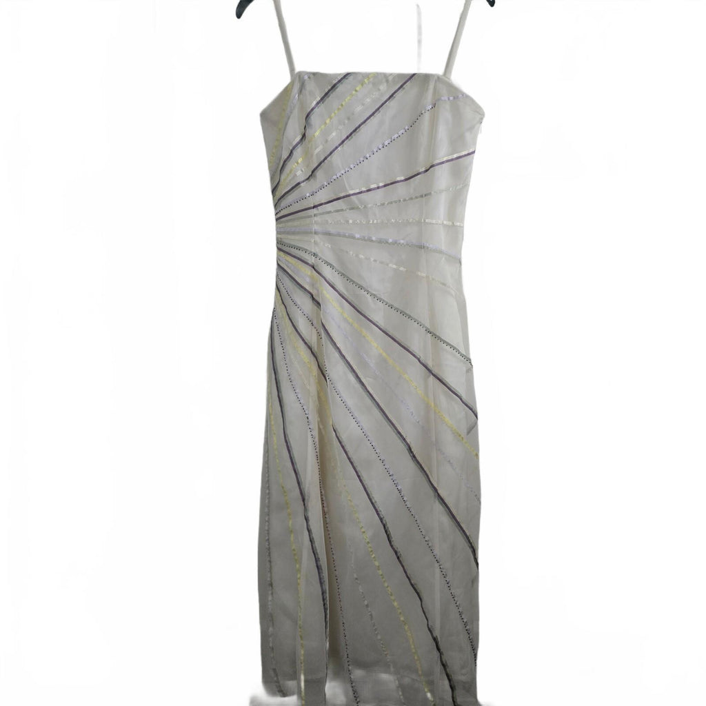 Coast Vintage Elegant White Evening Dress with Multicolour Striped Detail Size 8