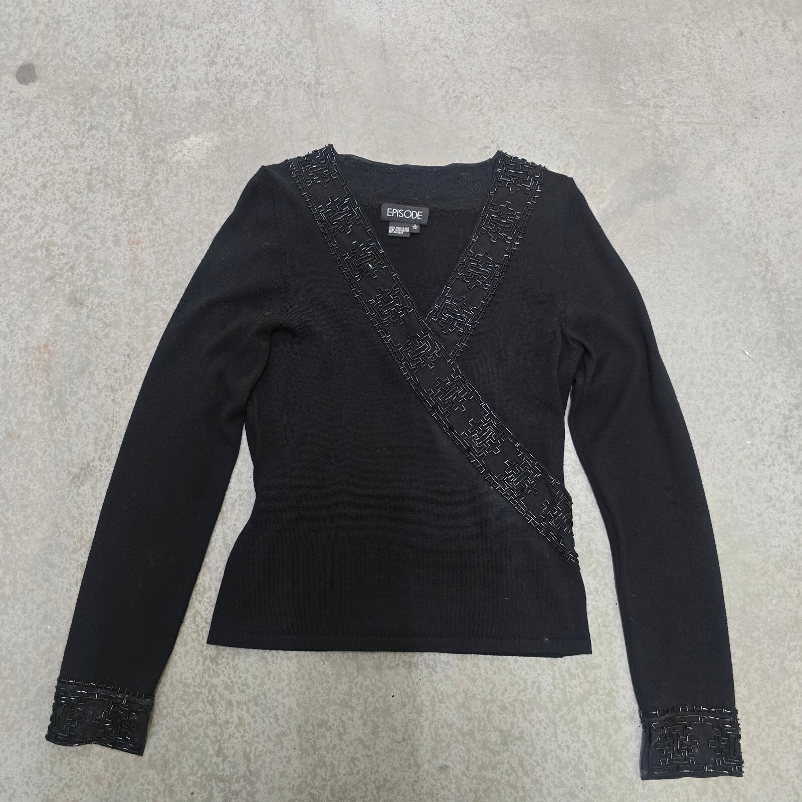 Episode Black Long Sleeve Knit Top with Beaded Trim Size S, 100% wool