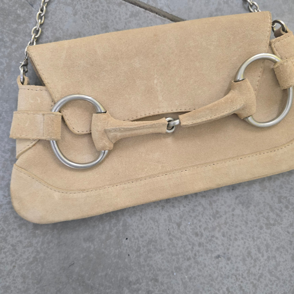 L.K. Bennett Beige Suede Chain Shoulder Baguette Bag Vintage Rare