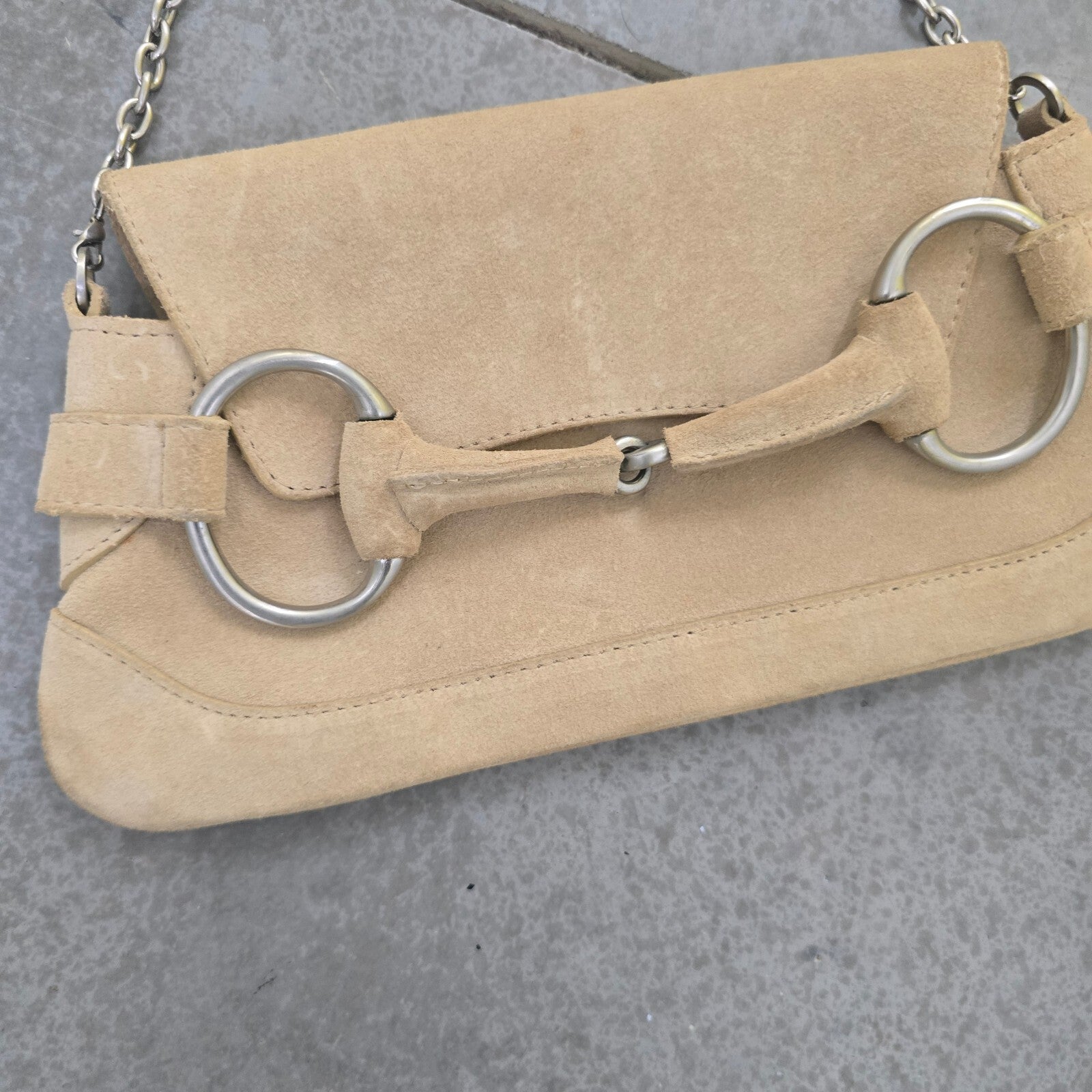 L.K. Bennett Beige Suede Chain Shoulder Baguette Bag Vintage Rare