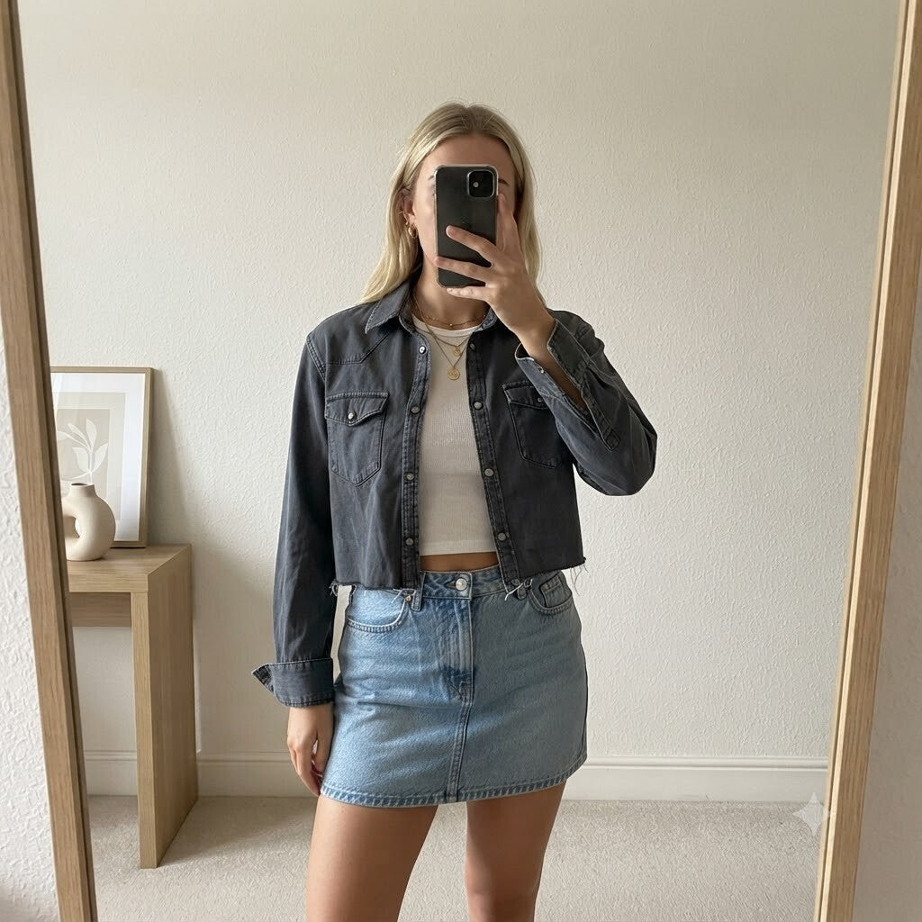 AllSaints Cropped Denim Shirt Thin Jacket UK 6, layering, festival, blogger fave