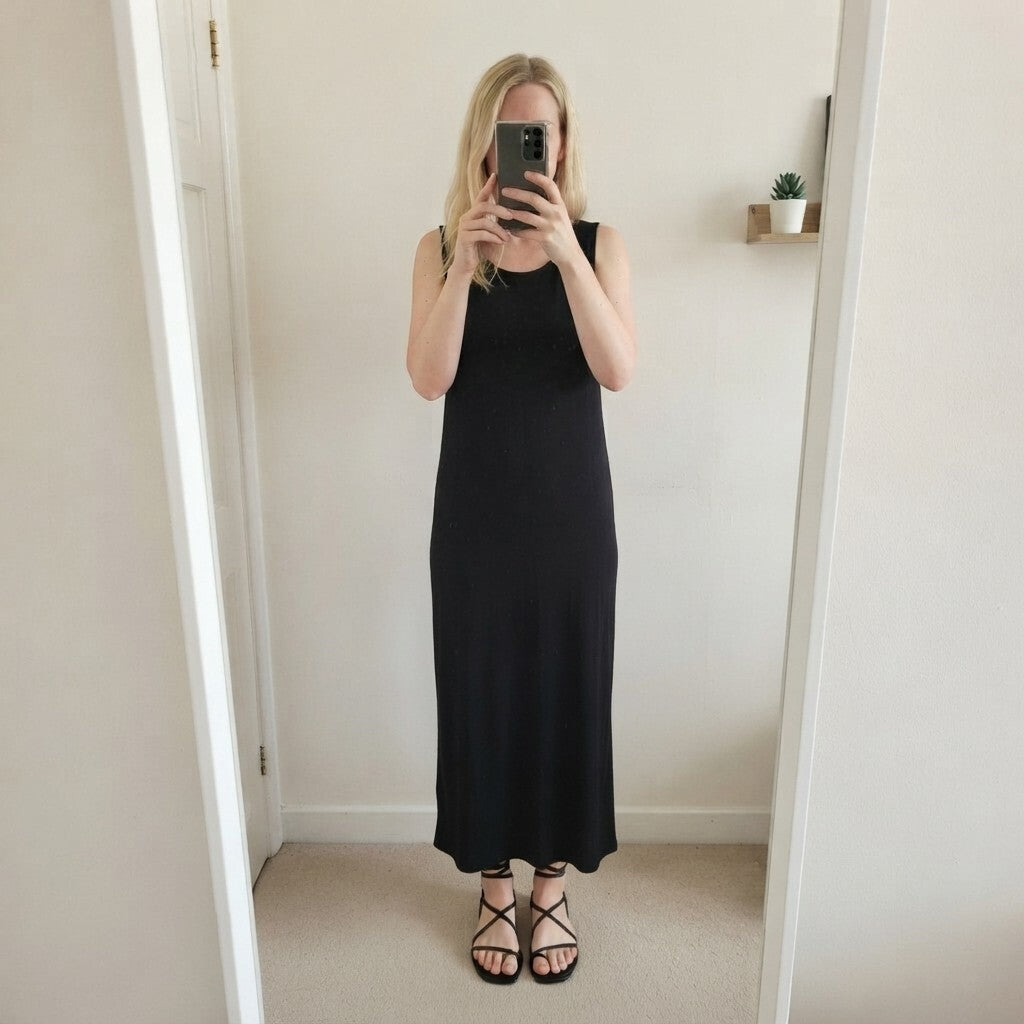 Damart Black Sleeveless Maxi Dress Size 18, small side slits,