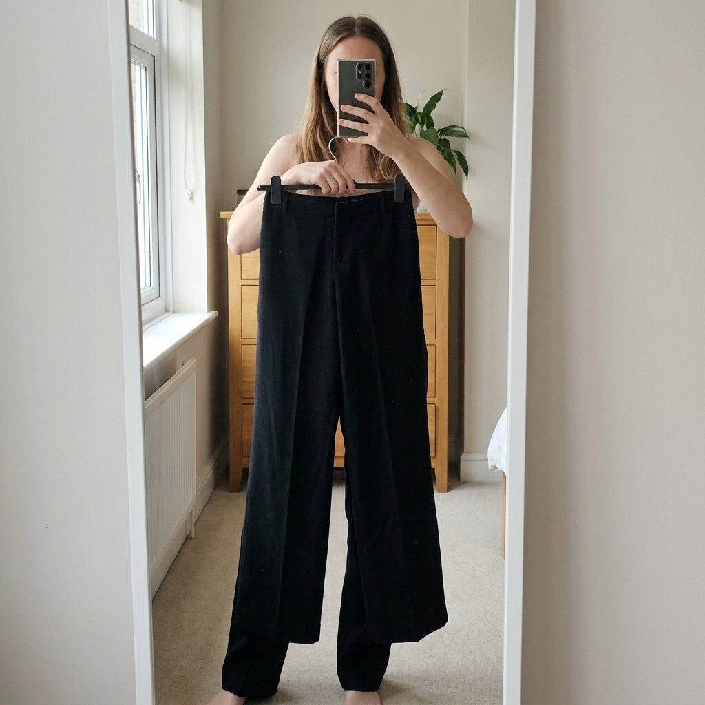 French Connection Black Wool Blend Wide Leg Trousers Size 10, smart, formal