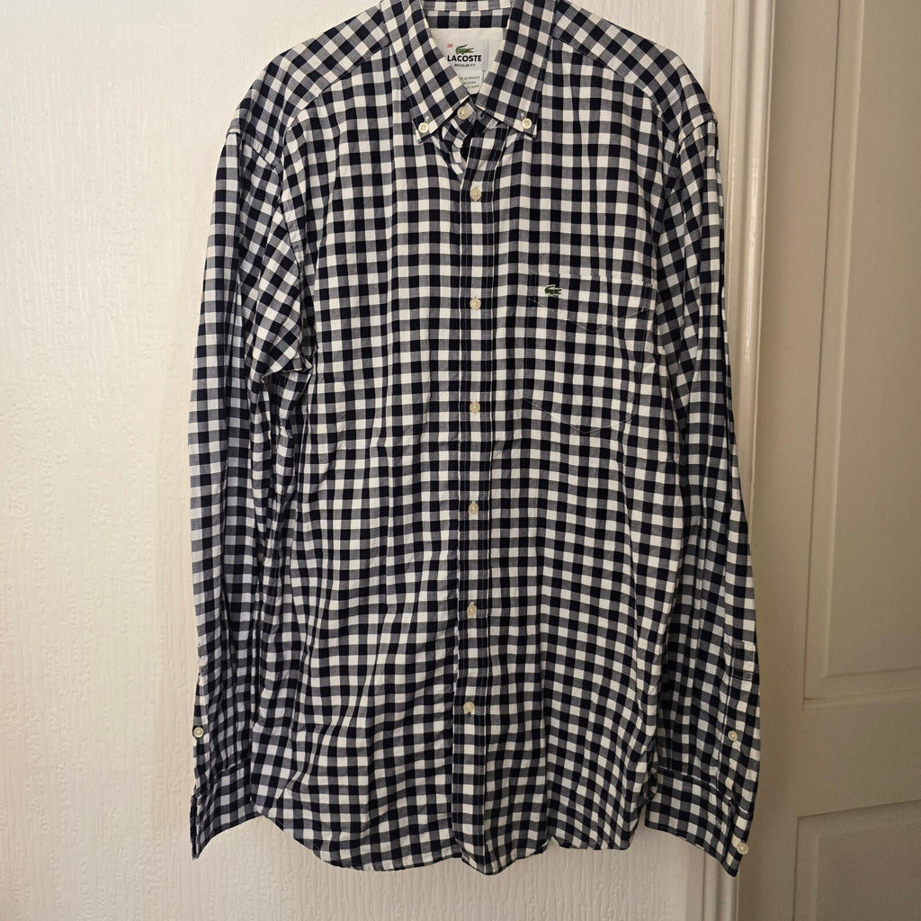 Lacoste Men's Navy and White Check Cotton Button-Down Shirt Size 38