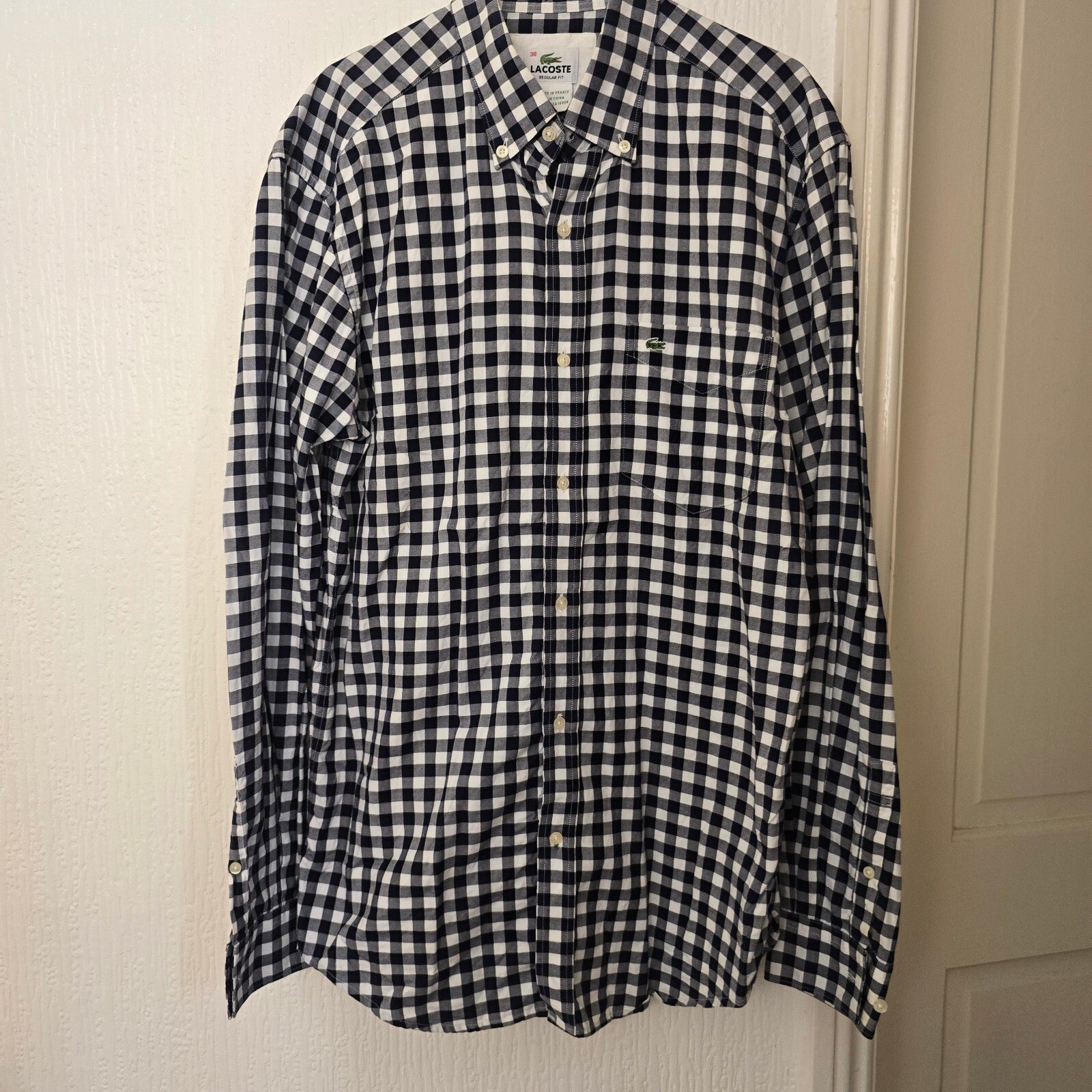 Lacoste Men's Navy and White Check Cotton Button-Down Shirt Size 38