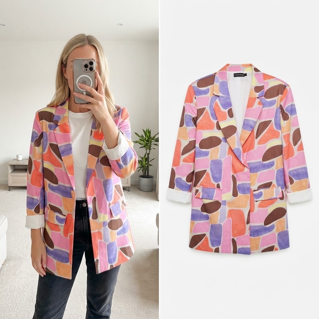PrettyLittleThing Multicolour Abstract Print Blazer UK 14, oversized, retro