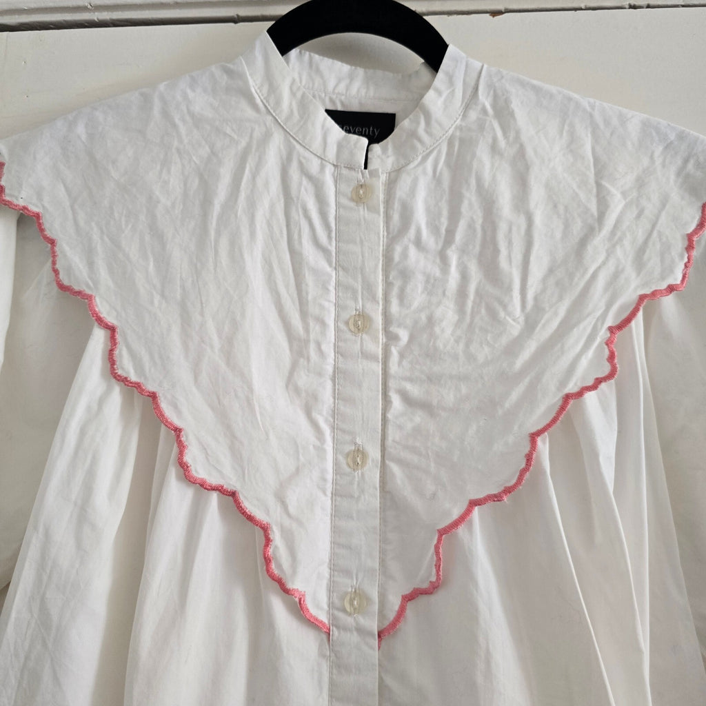 Seventy + Mochi Valentine Blouse White Organic Cotton Size 12, frill collar