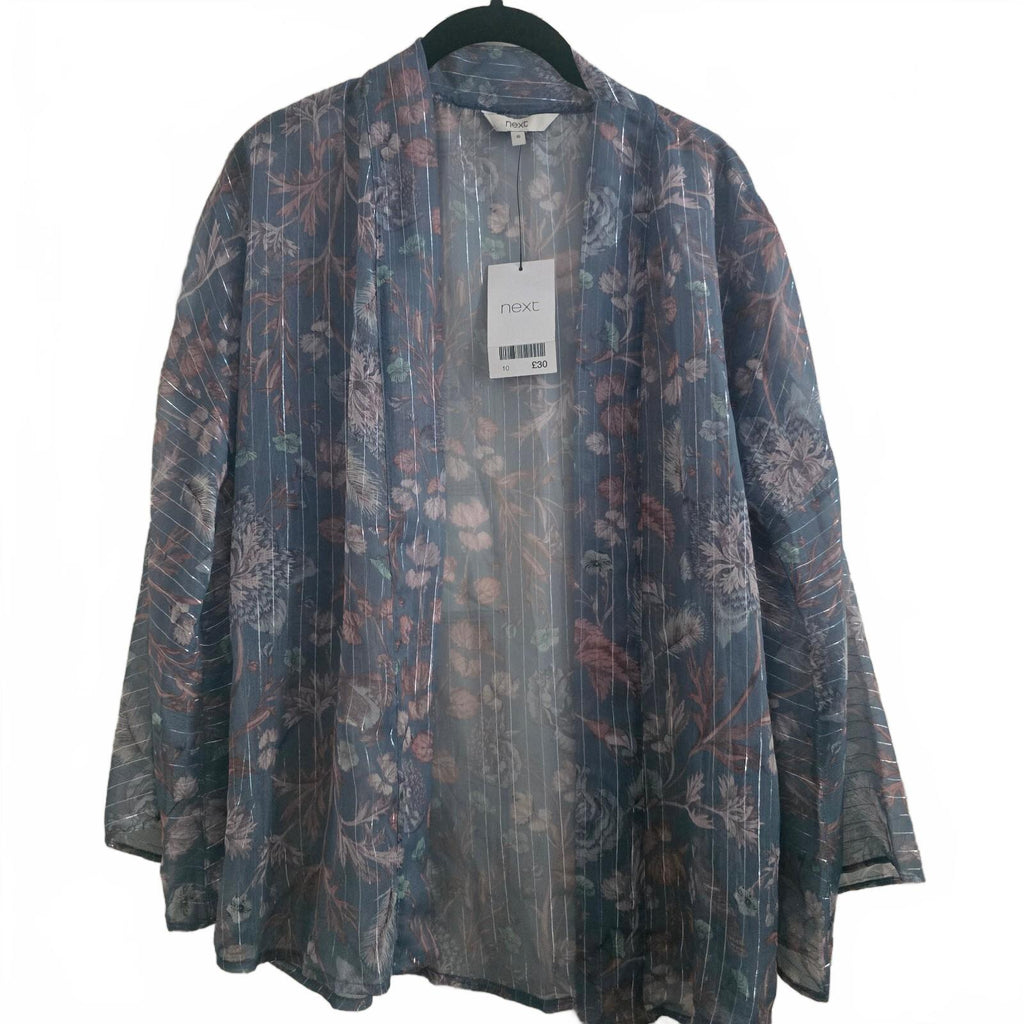 Next Blue Floral Sheer Cardigan Top Blouse Size 10, relaxed lightweight BNWT