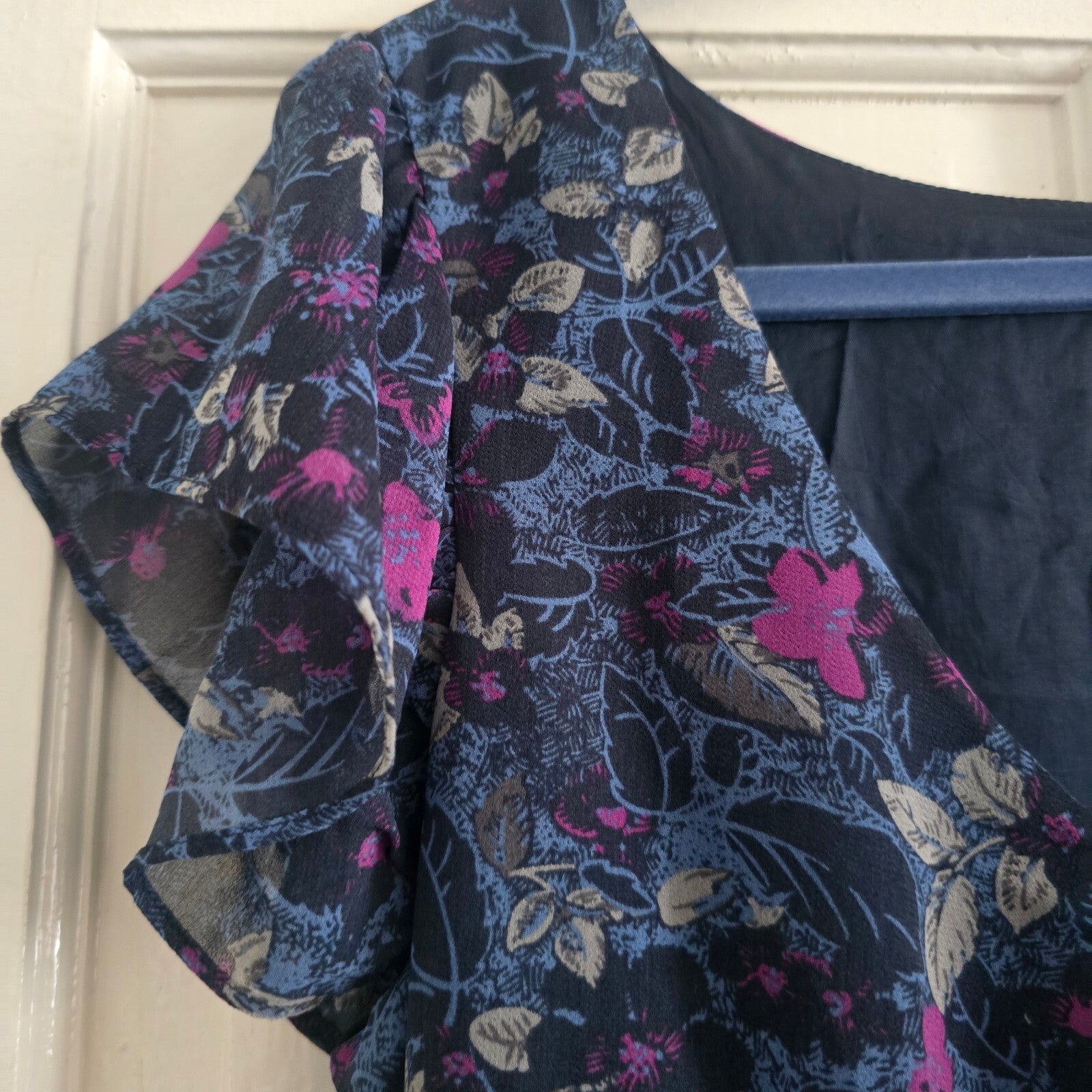 Monsoon Floral Pattern Blue and Pink Short Sleeve A Line Knee Length Dress UK14
