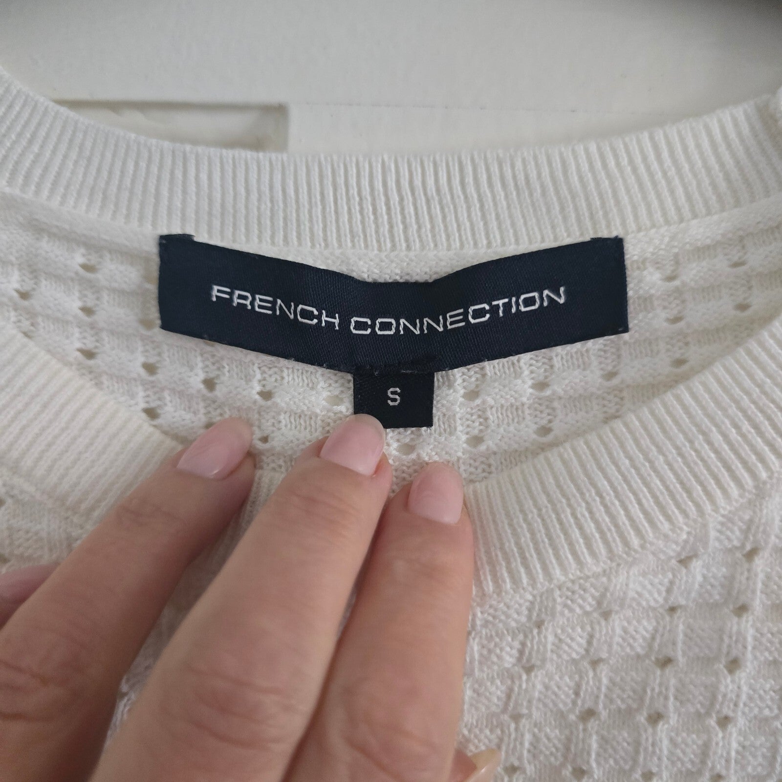 French Connection White Textured Knit Top with Lace Hem, Size S