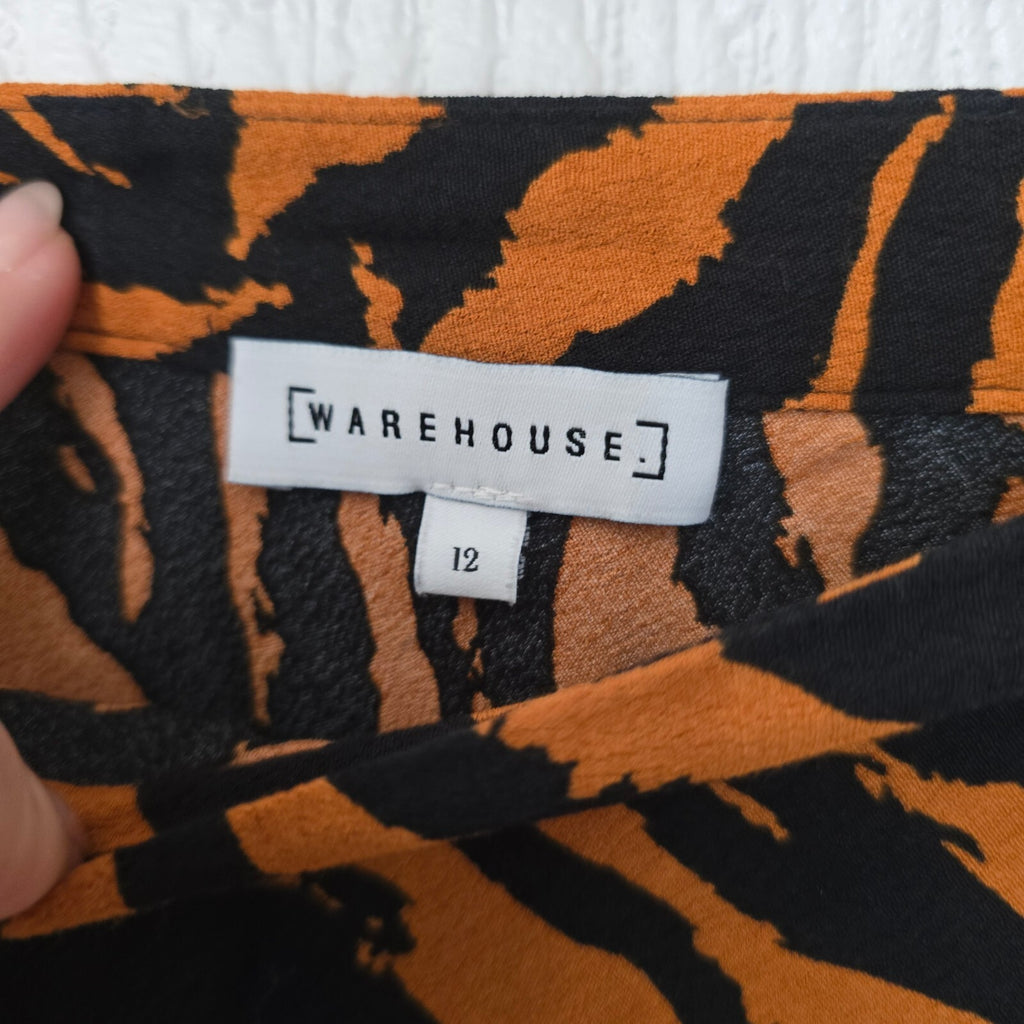 Warehouse Women's Midi Skirt in Black and Orange Tiger Print, UK Size 12