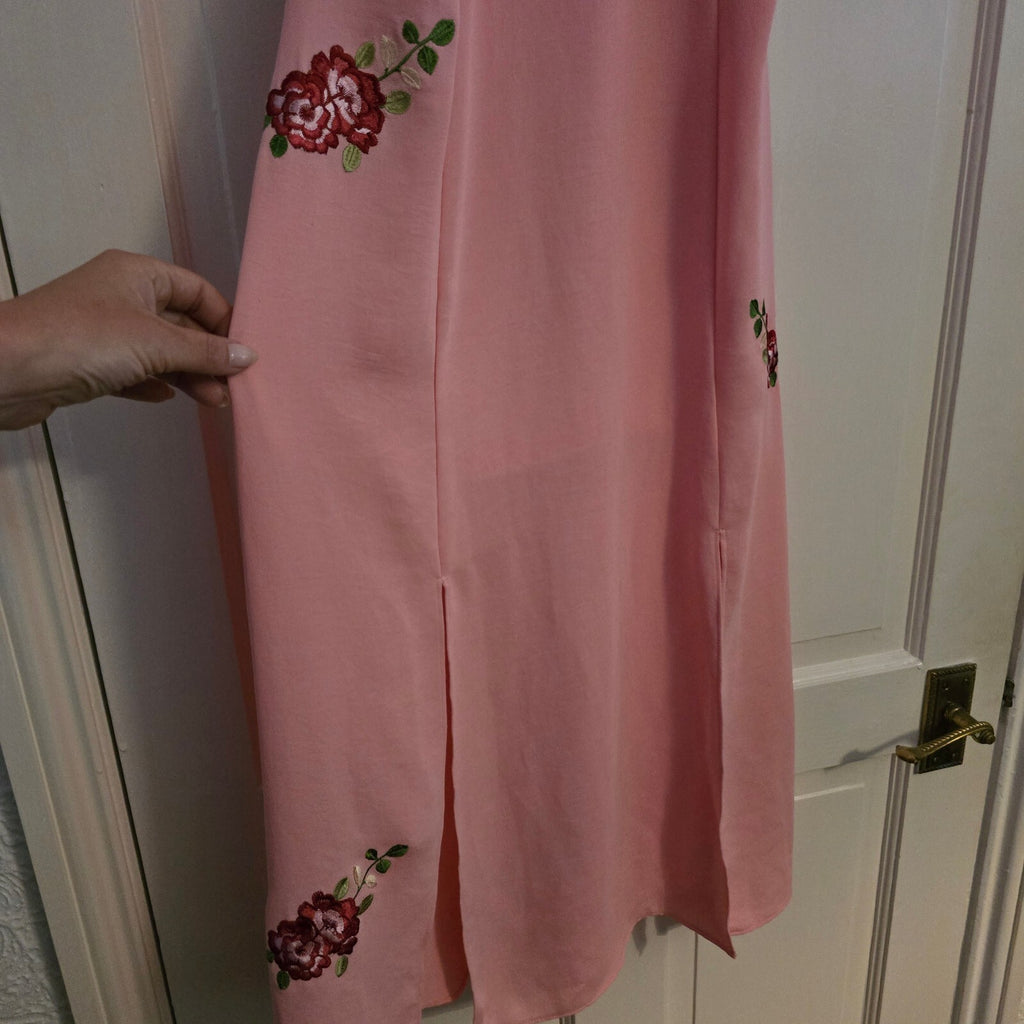 Topshop Pink Embroidered Floral Midi Dress UK 12, front splits, wedding, party