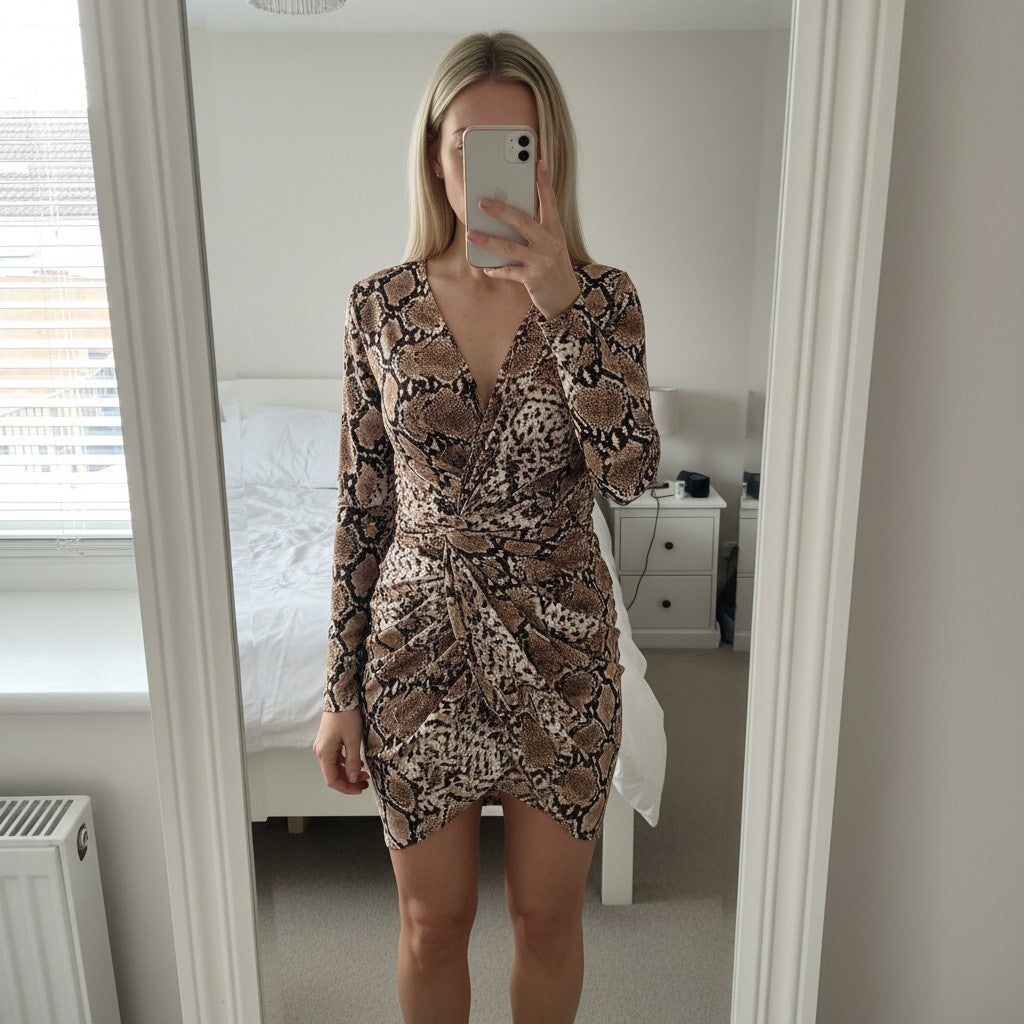I Saw It First Long sleeve faux wrap animal print mini dress, size 10