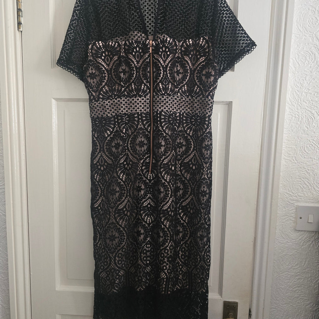 Elegant Black Lace Midi Dress with Nude Underlay and Zip Back, UK 16