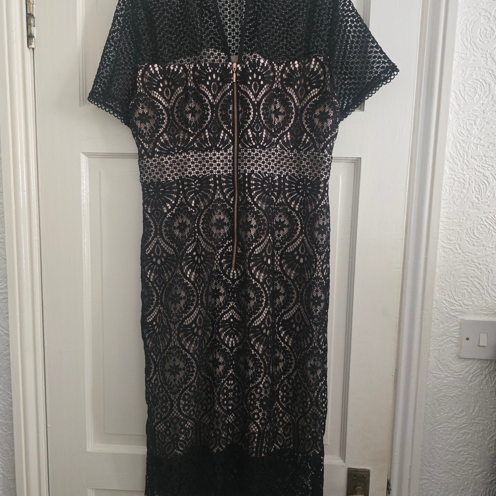 Elegant Black Lace Midi Dress with Nude Underlay and Zip Back, UK 16