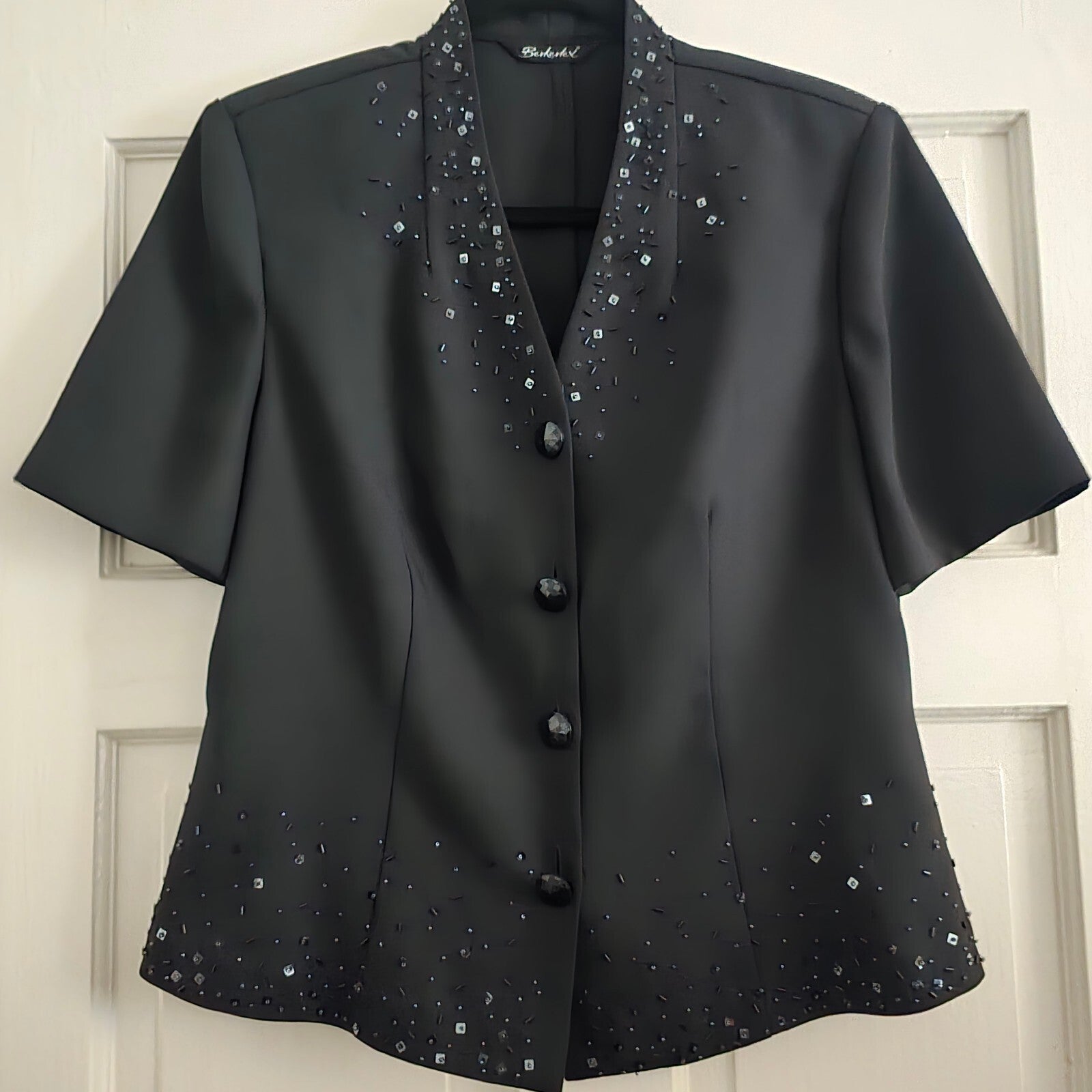 Berketex Black Short Sleeve Beaded Button Blazer Jacket UK Size 12, vintage glam