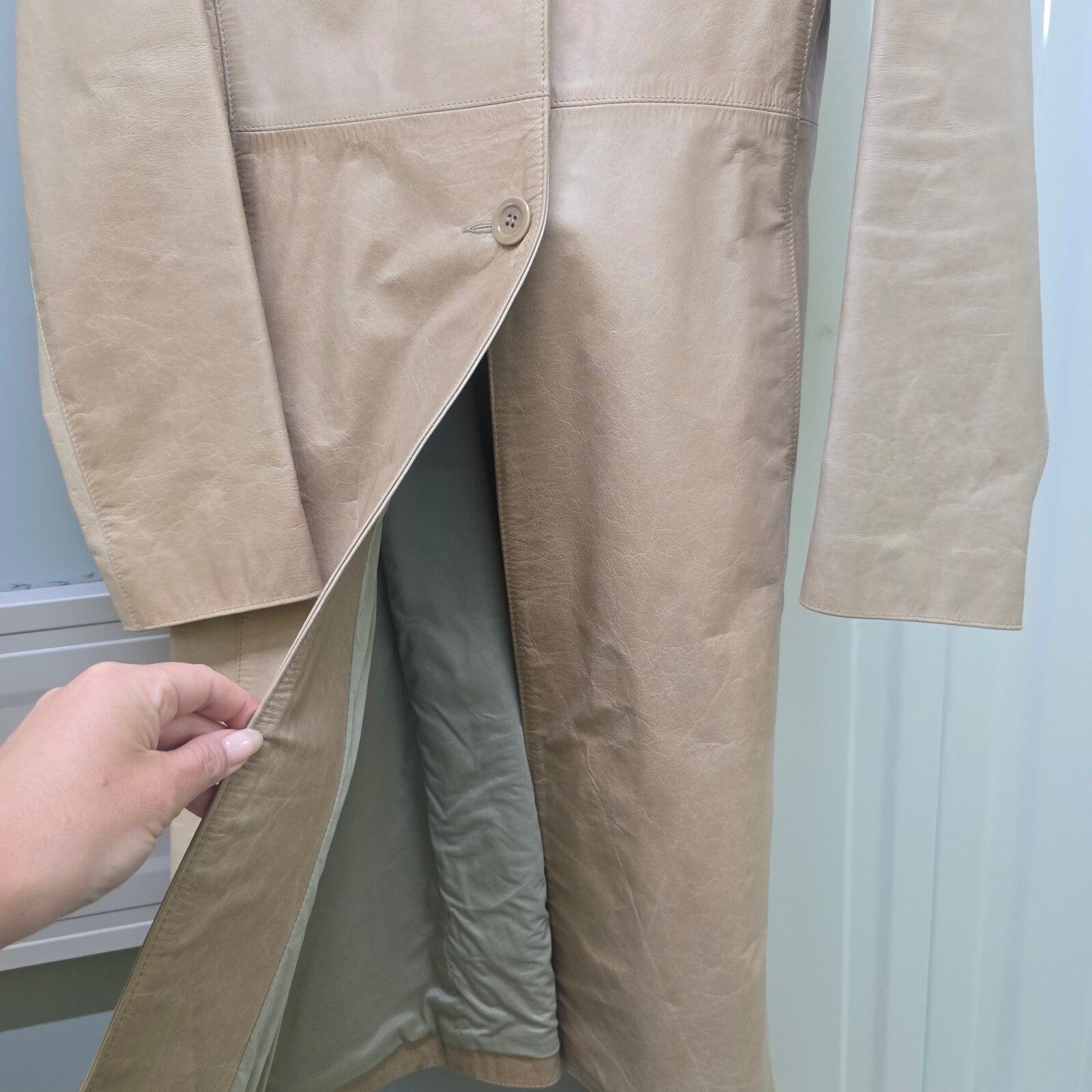 Jigsaw Vintage Beige 100% Leather Long Coat with Lining, size 8