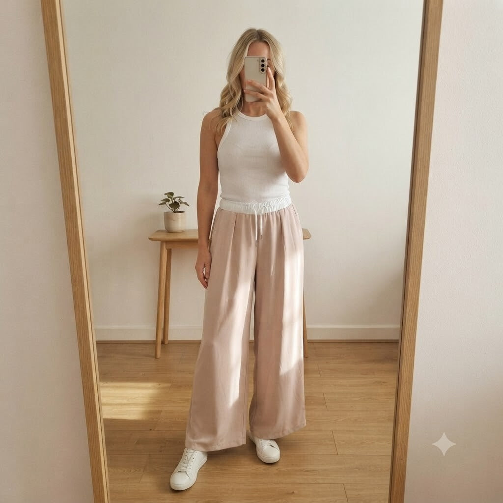 Boohoo Stone Wide Leg Trousers with White Drawstring Waistband UK 16 BNWT