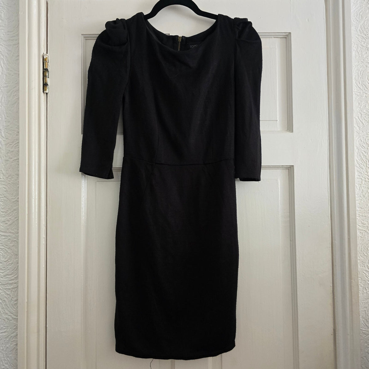 Topshop Black Puff Sleeve Midi Dress with Back Zipper, Size UK 8, vintage