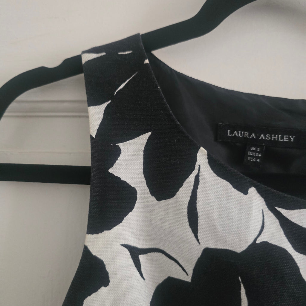 Laura Ashley Black and White Floral Sleeveless Dress UK 8, linen mix, lined