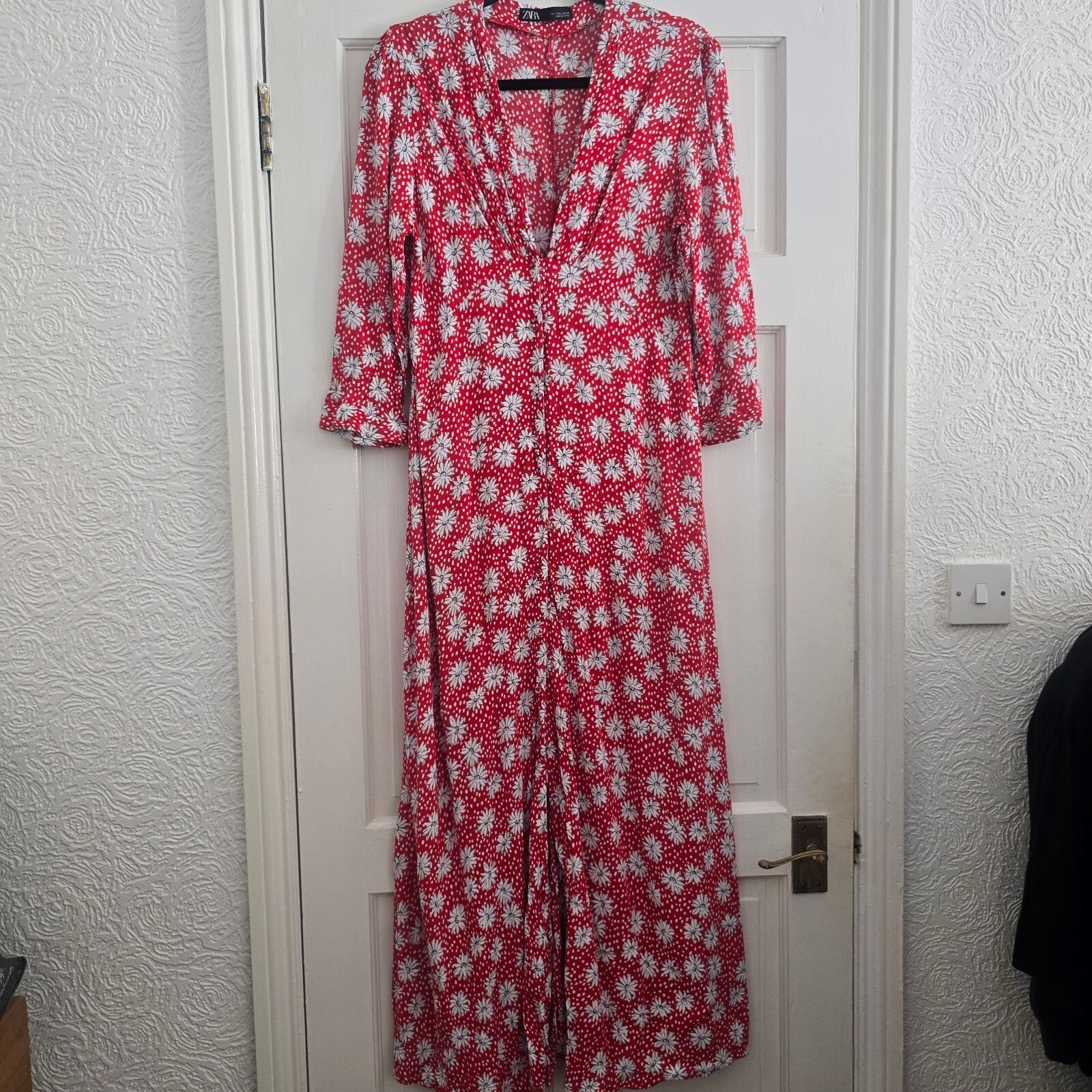 Zara Red Floral Print Long Sleeve Maxi V Neck Dress, Size L, blogger influencer