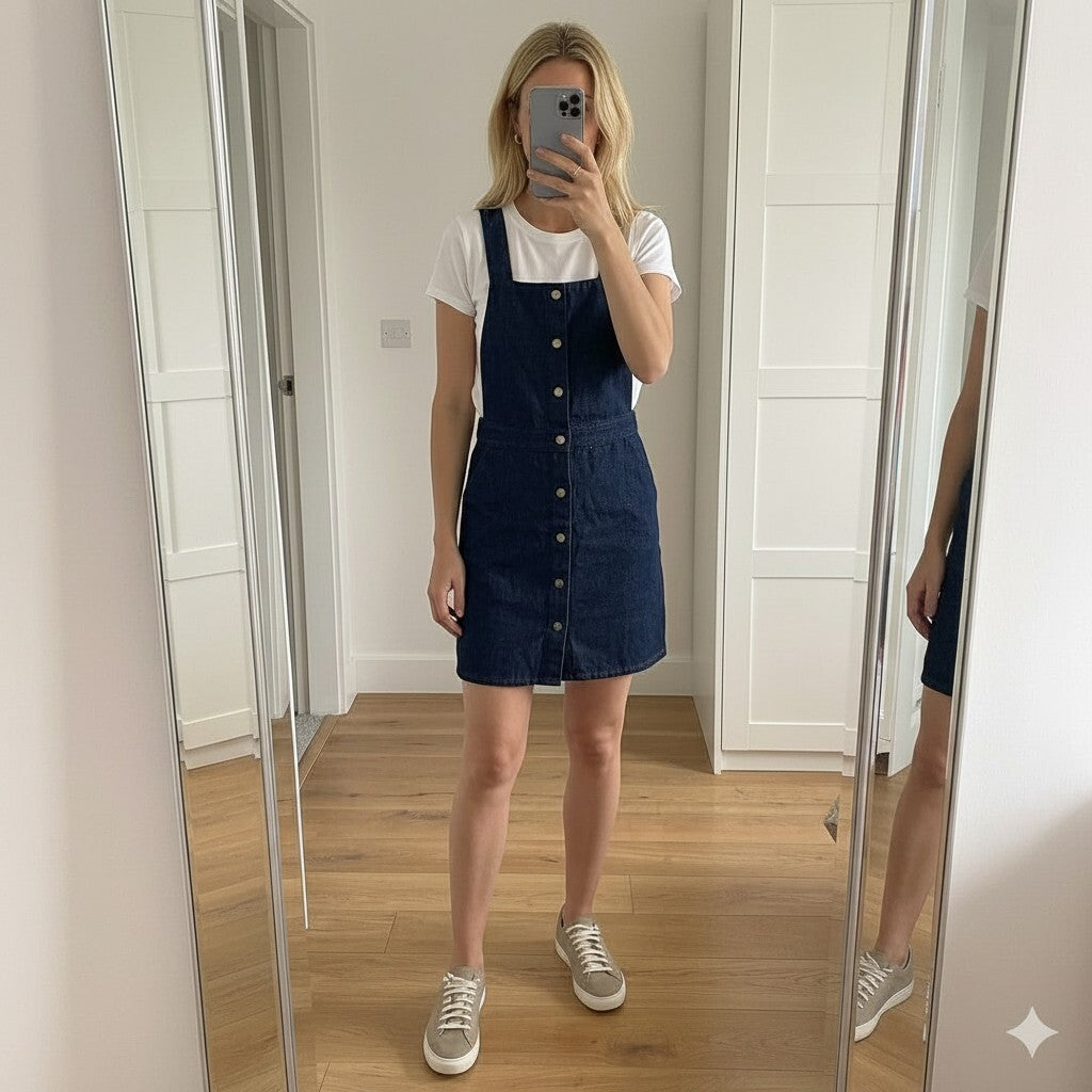 Goldie Dark Denim Pinafore Mini Dress, size 8, seen on many influencers