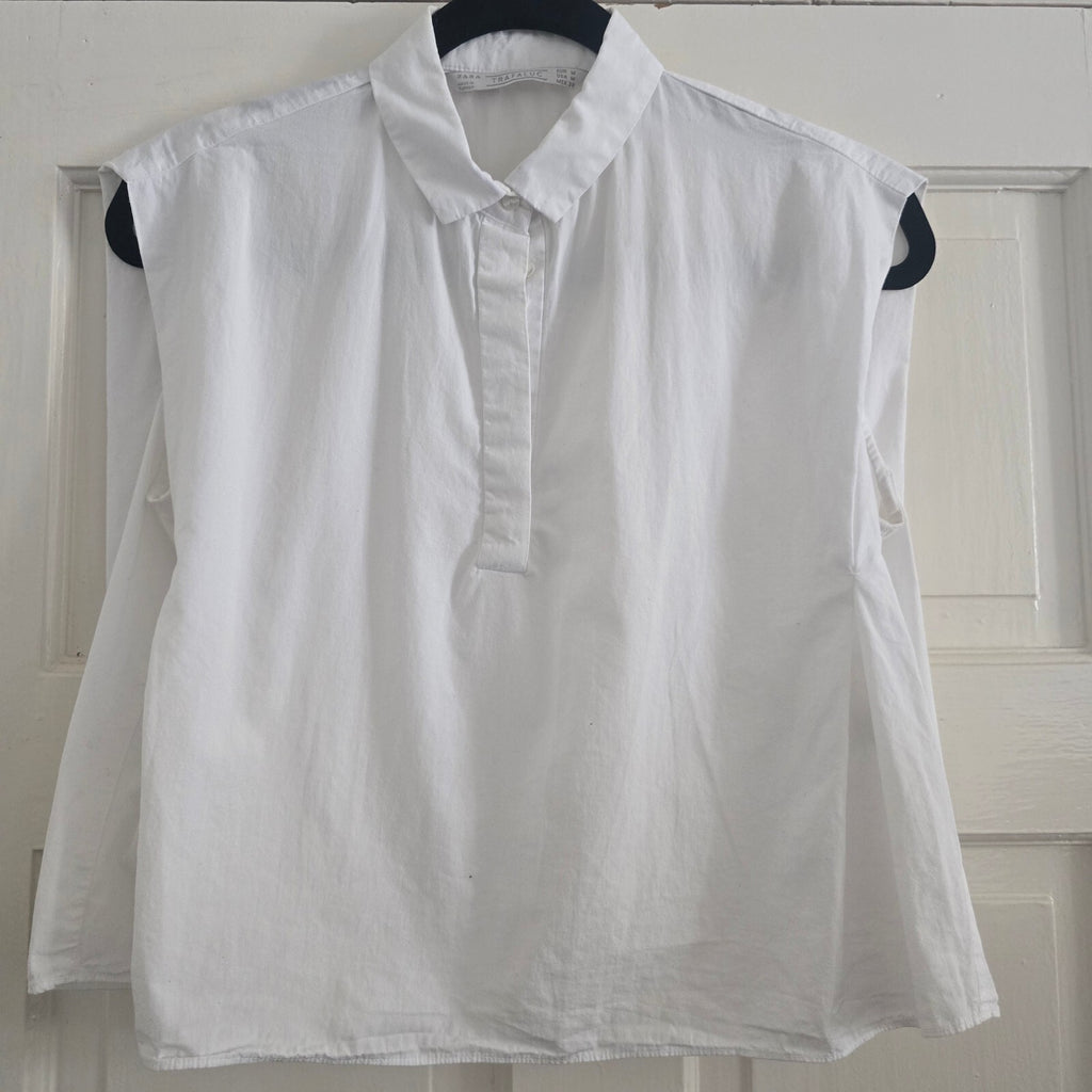 Zara Trafaluc White Sleeveless Boxy Relaxed Cotton Shirt Blouse, Size Medium