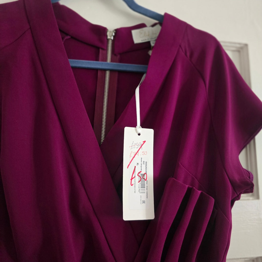 Elka Burgundy Dress with Draped Detail and Back Zip, Size XL, BNWT