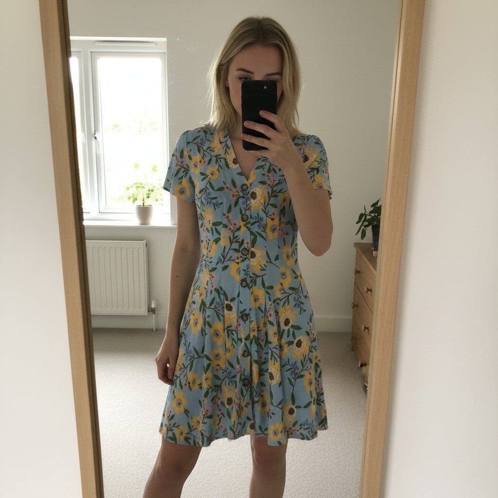 French Connection Blue Floral Viscose Dress UK 14, lightweight, soft fabric