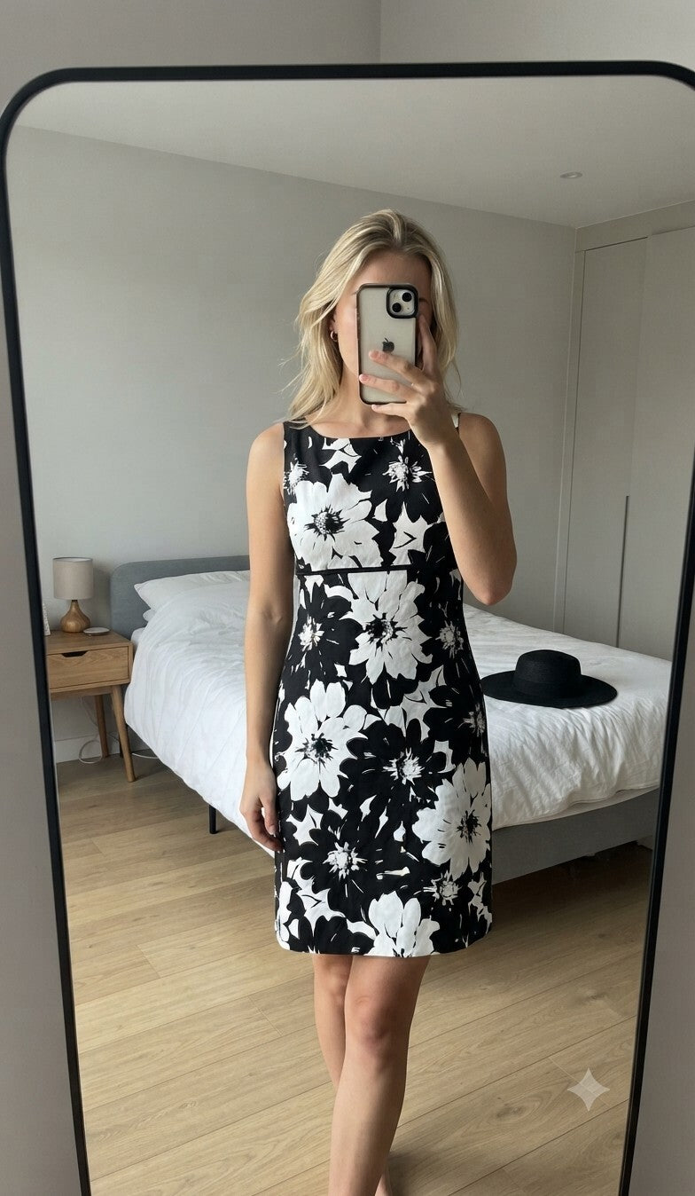 Laura Ashley Black and White Floral Sleeveless Dress UK 8, linen mix, lined