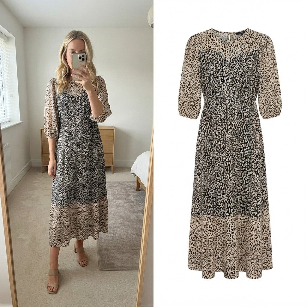 M&S Collection Leopard Print Midi Dress UK 14 Black Mix, relaxed fit