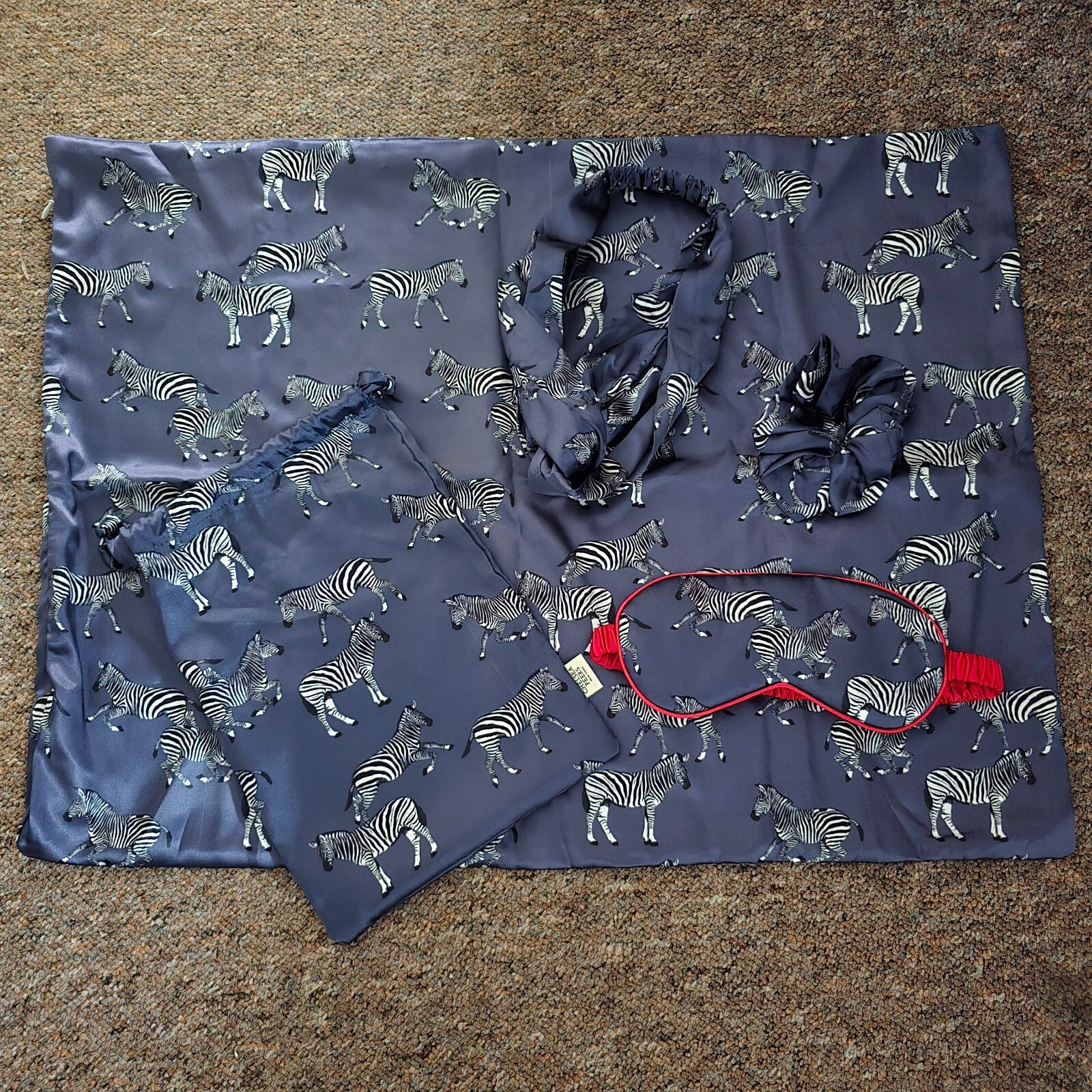 Chelsea Peers Navy Blue Zebra Print Satin Set - Pillowcase, Eye Mask etc Luxury