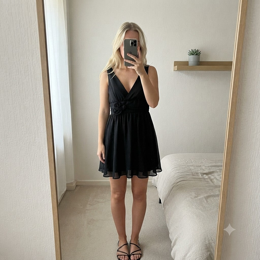 Black Sleeveless V-Neck Dress with Floral Waist Detail Size M, floaty, a line