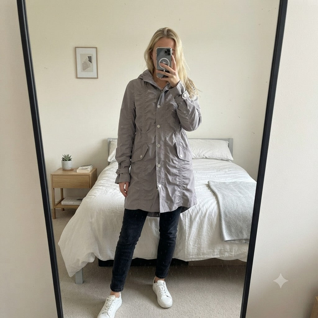 Karen Millen Grey Pale Khaki Hooded Longline Jacket Coat Parka Size 10