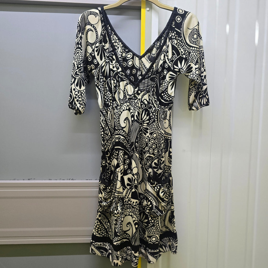 Joseph Black and Cream Patterned Silk Blend Dress Size S, vintage rare designer