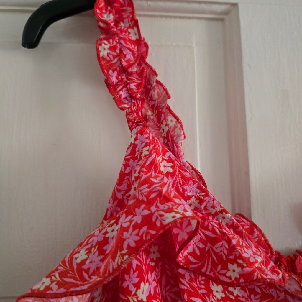 ZARA Red Floral Ruffle Strap Summer Mini Dress XS, cute, holiday, summer