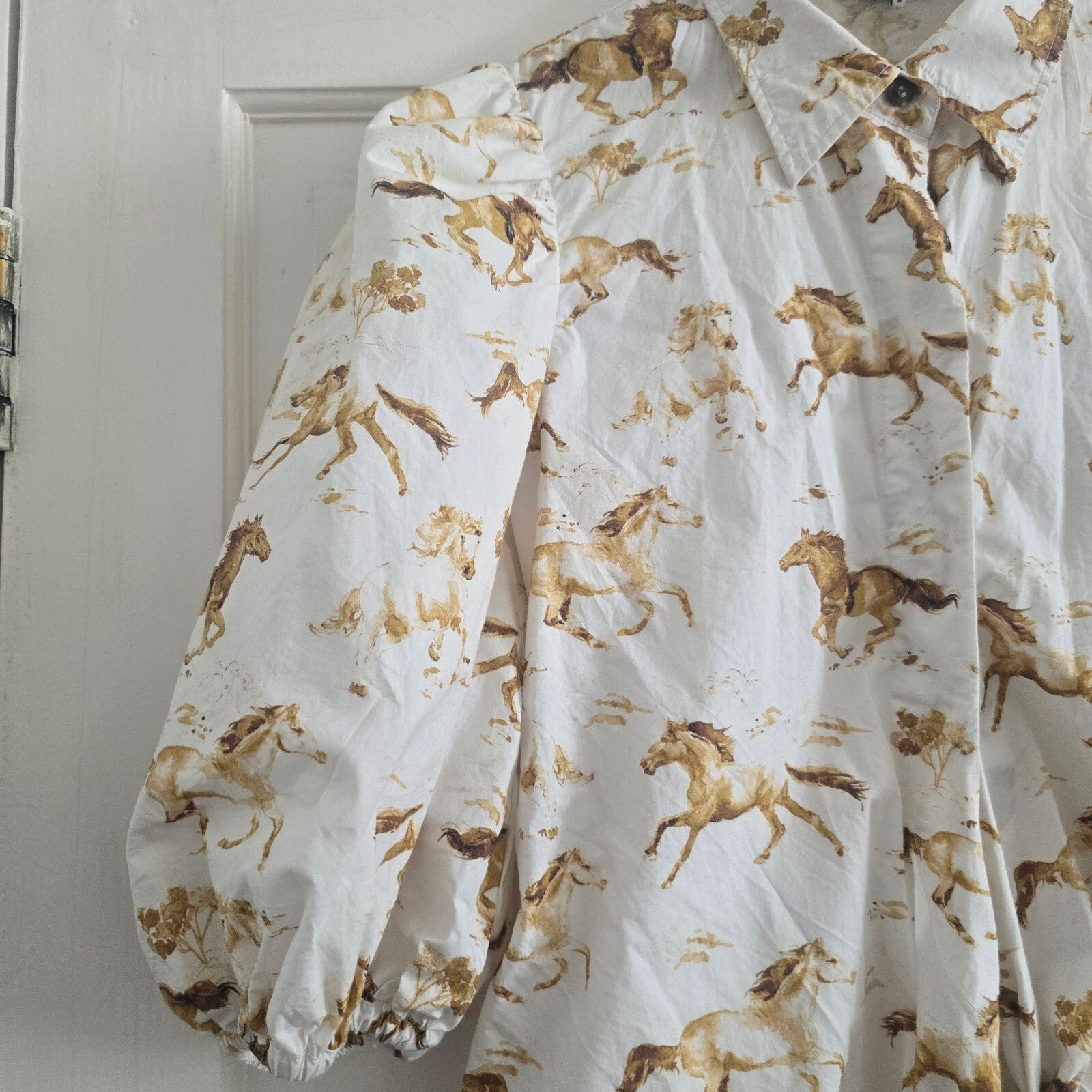 Ganni Horse Print Puff-Sleeve Tie-Front Shirt - Size 34 (UK 6/8), sold out, rare