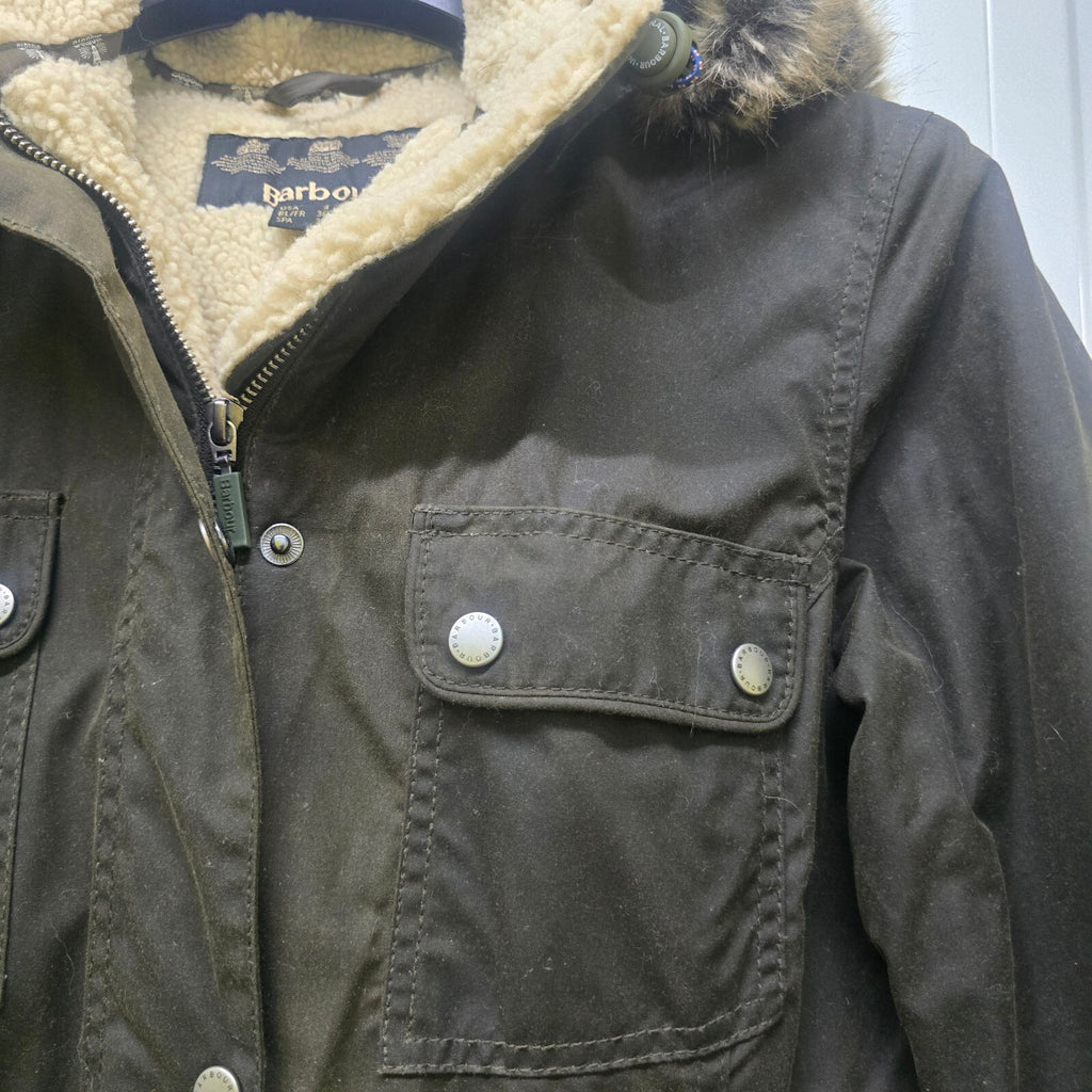 Barbour Caribena Waxed Cotton Jacket, Sherpa Lining, Faux Fur Hood Trim, size 8
