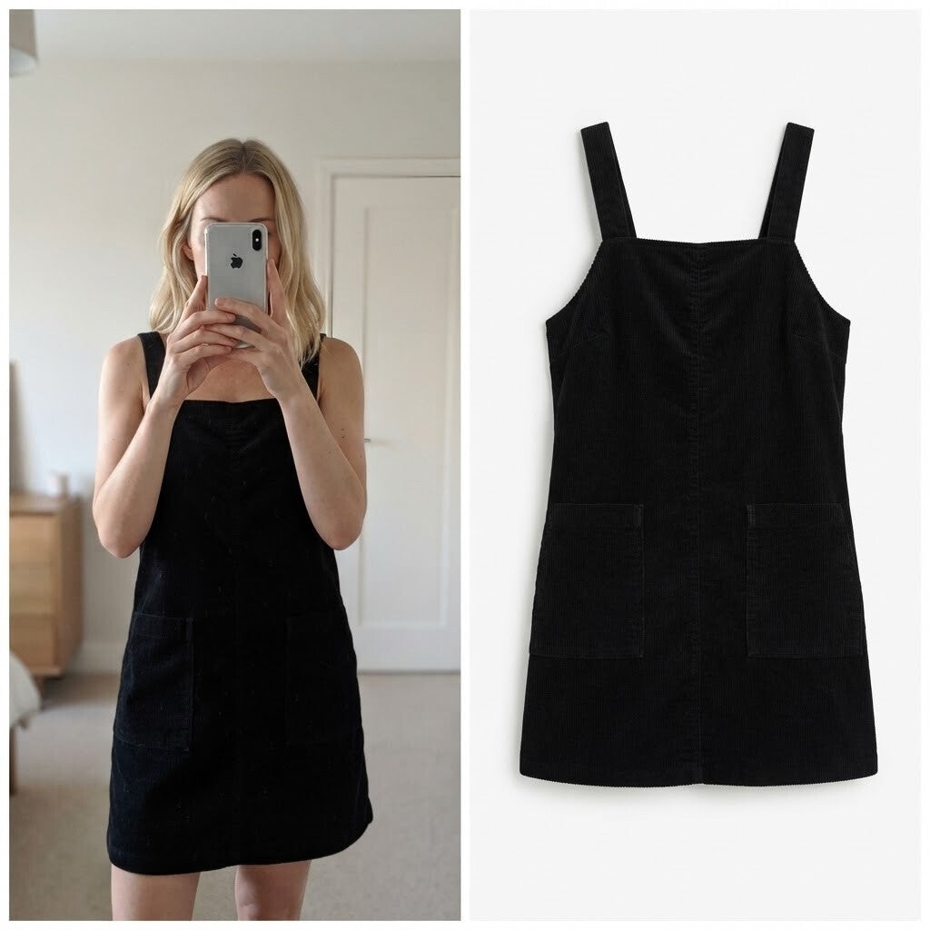 New Look Black Corduroy Pinafore Dress with Front Pockets, UK Size 10