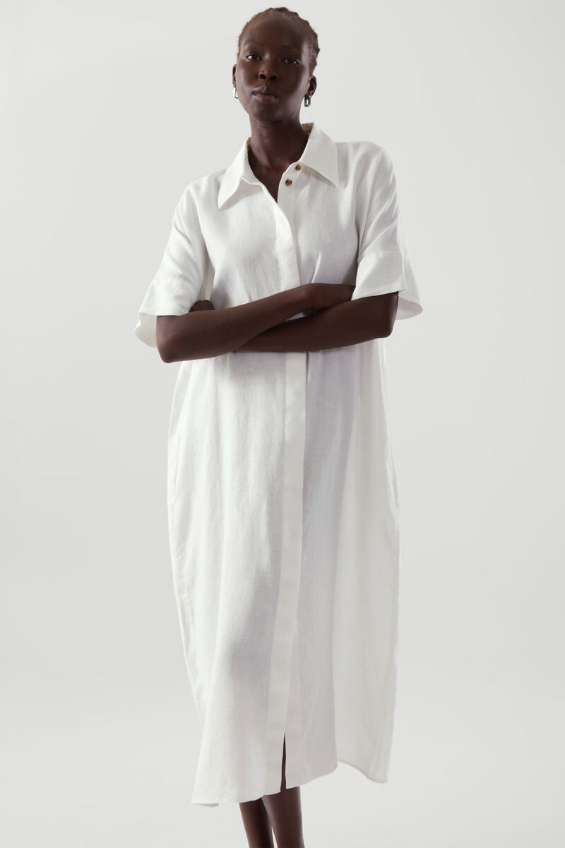COS White Relaxed Fit Oversized Linen Shirt Dress EUR XS, Midi Length, pockets