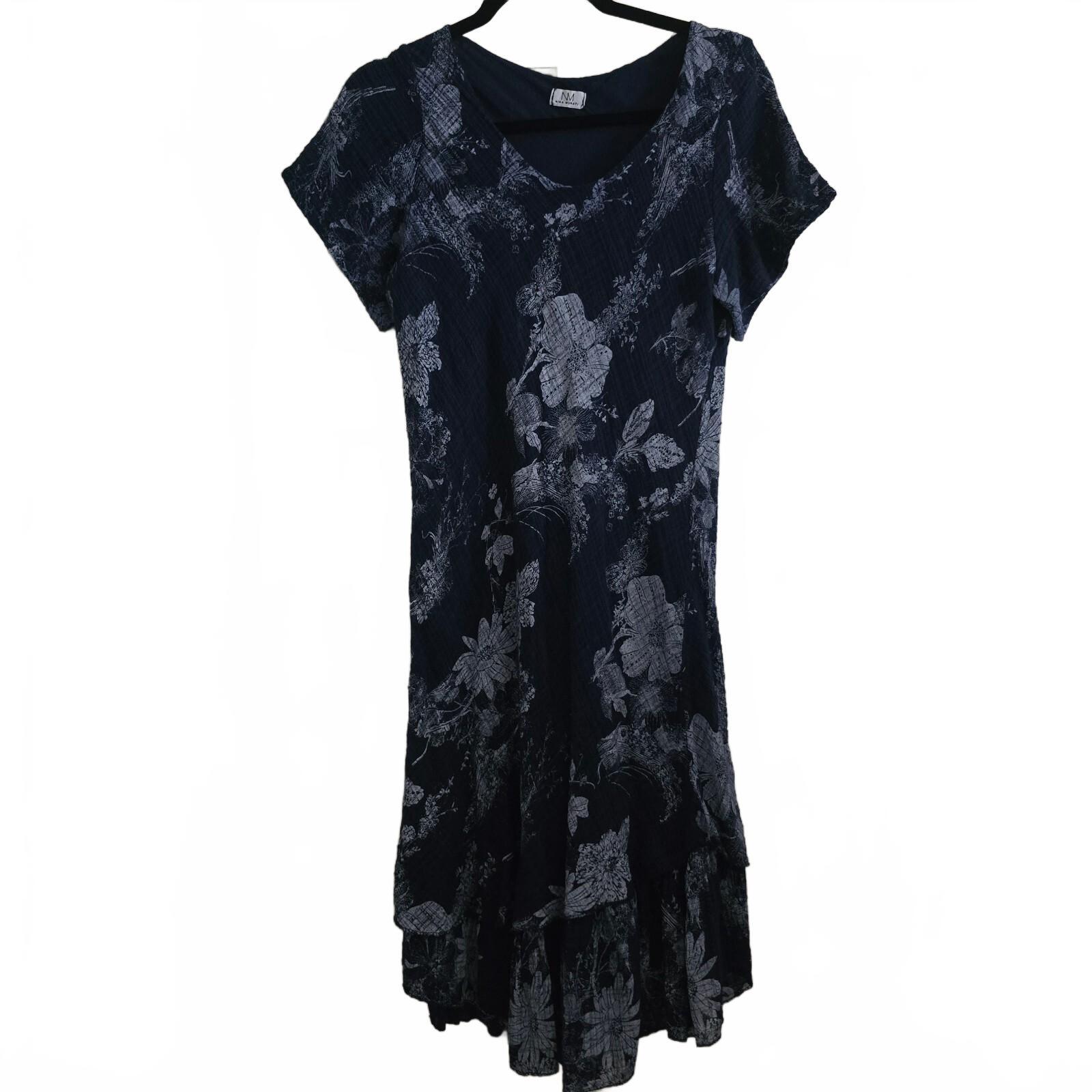 Nina Murati Navy Blue Floral Cotton Midi Dress Size S y2k