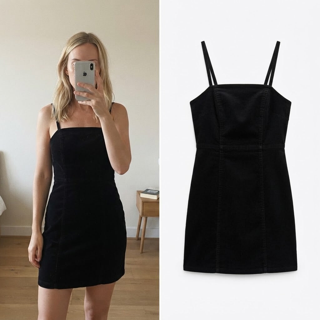 H&M Divided Black strappy Corduroy Mini Dress UK 8 / EUR 36, back zip