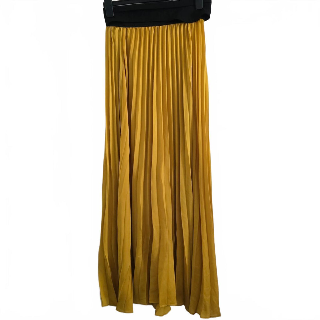 Zara Woman Mustard Yellow Pleated Maxi Skirt with Black Waistband, Size M