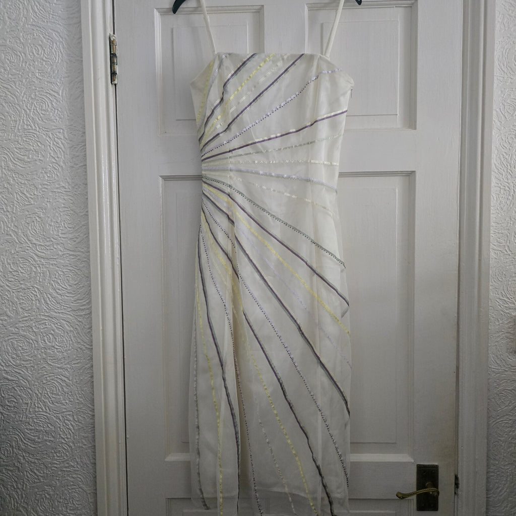 Coast Vintage Elegant White Evening Dress with Multicolour Striped Detail Size 8