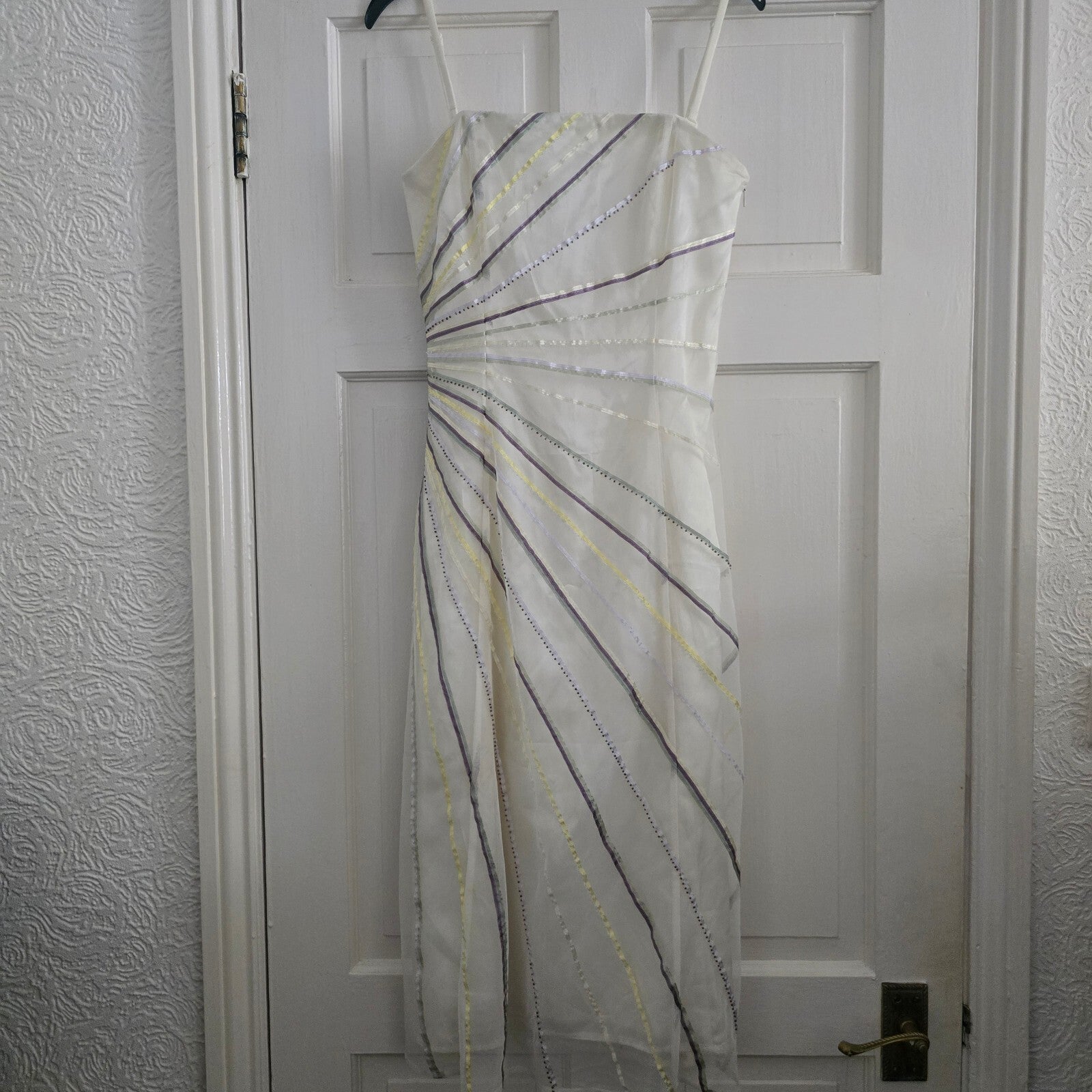 Coast Vintage Elegant White Evening Dress with Multicolour Striped Detail Size 8