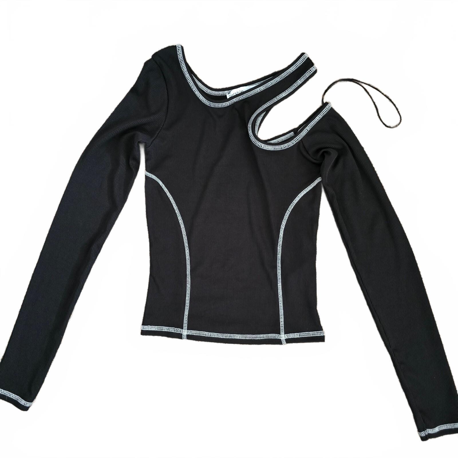 Bershka Black Asymmetric Cutout Long Sleeve Top XS