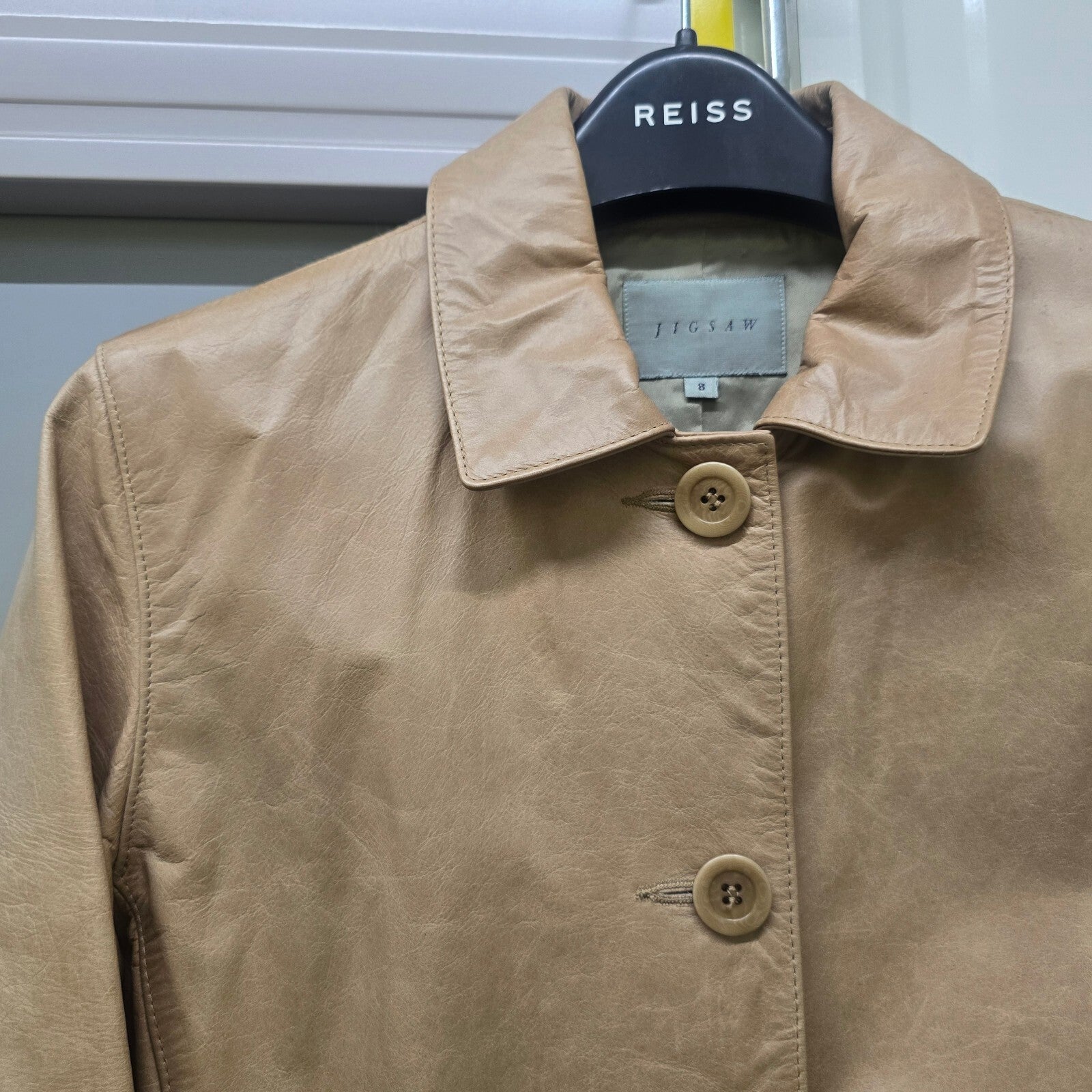 Jigsaw Vintage Beige 100% Leather Long Coat with Lining, size 8