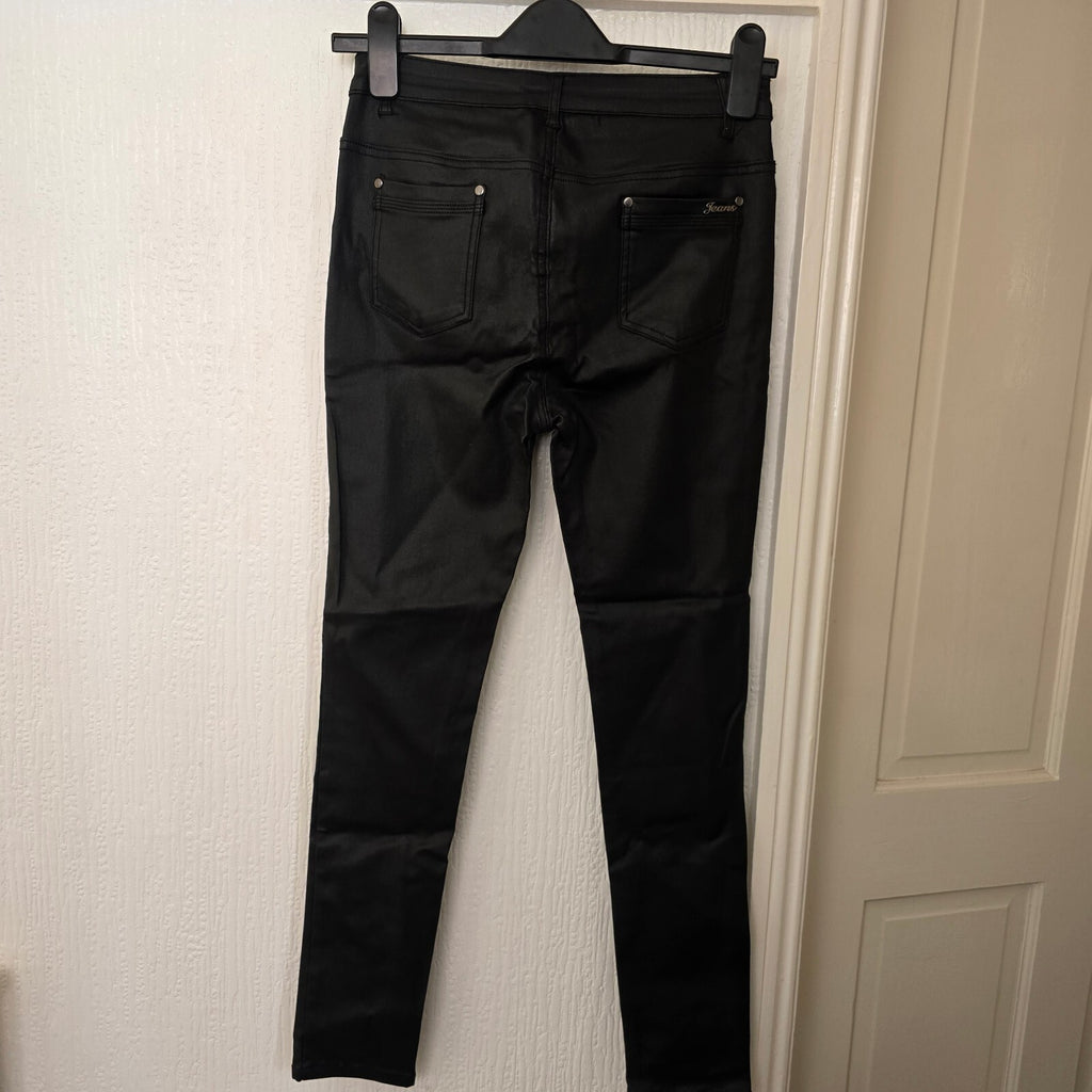 LilyLulu Black Coated High Waisted Stretch Black Skinny Jeans Trousers, Size L